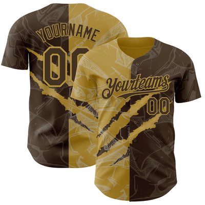 Custom Graffiti Pattern Brown-Old Gold 3D Scratch Authentic Baseball Jersey