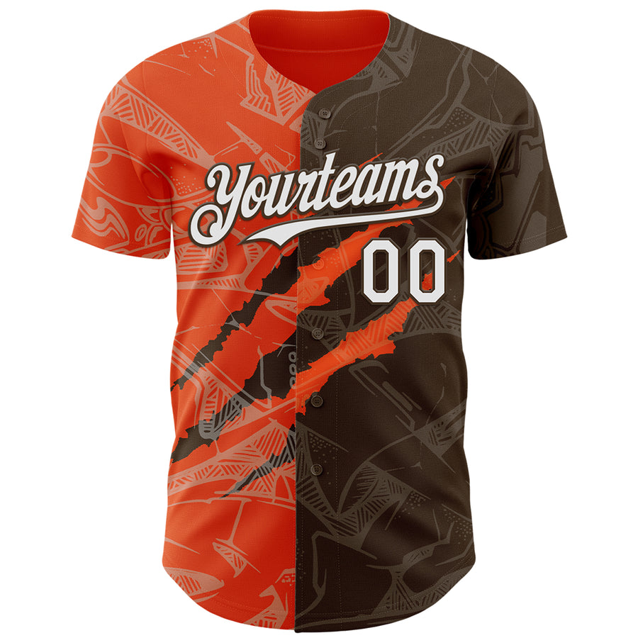 Custom Graffiti Pattern White Brown-Orange 3D Scratch Authentic Baseball Jersey