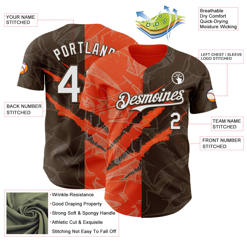Custom Graffiti Pattern White Brown-Orange 3D Scratch Authentic Baseball Jersey