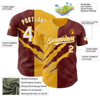 Custom Graffiti Pattern White Burgundy-Gold 3D Scratch Authentic Baseball Jersey