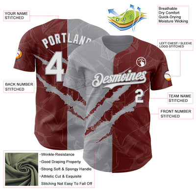 Custom Graffiti Pattern White Burgundy-Gray 3D Scratch Authentic Baseball Jersey
