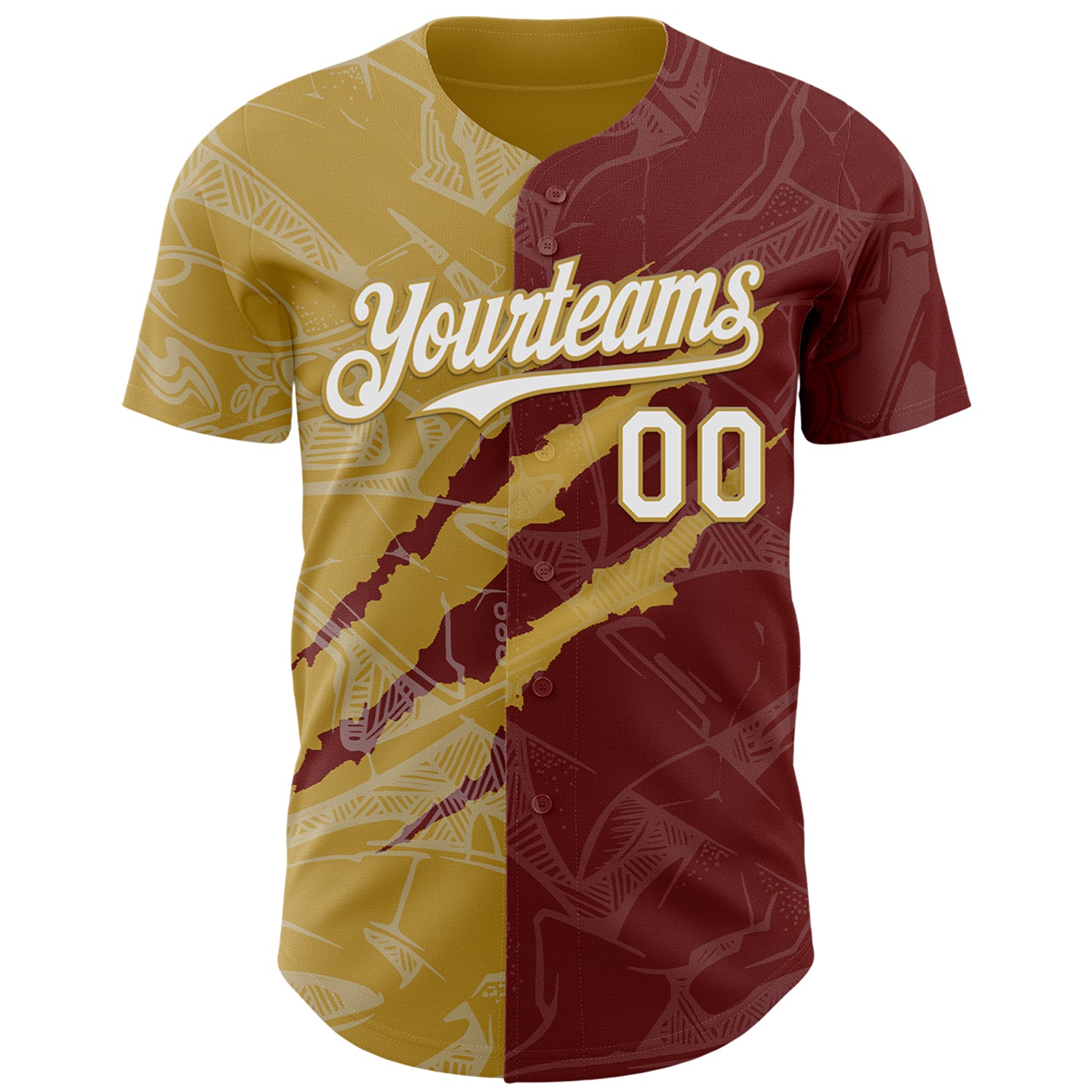 Custom Graffiti Pattern White Burgundy-Old Gold 3D Scratch Authentic Baseball Jersey