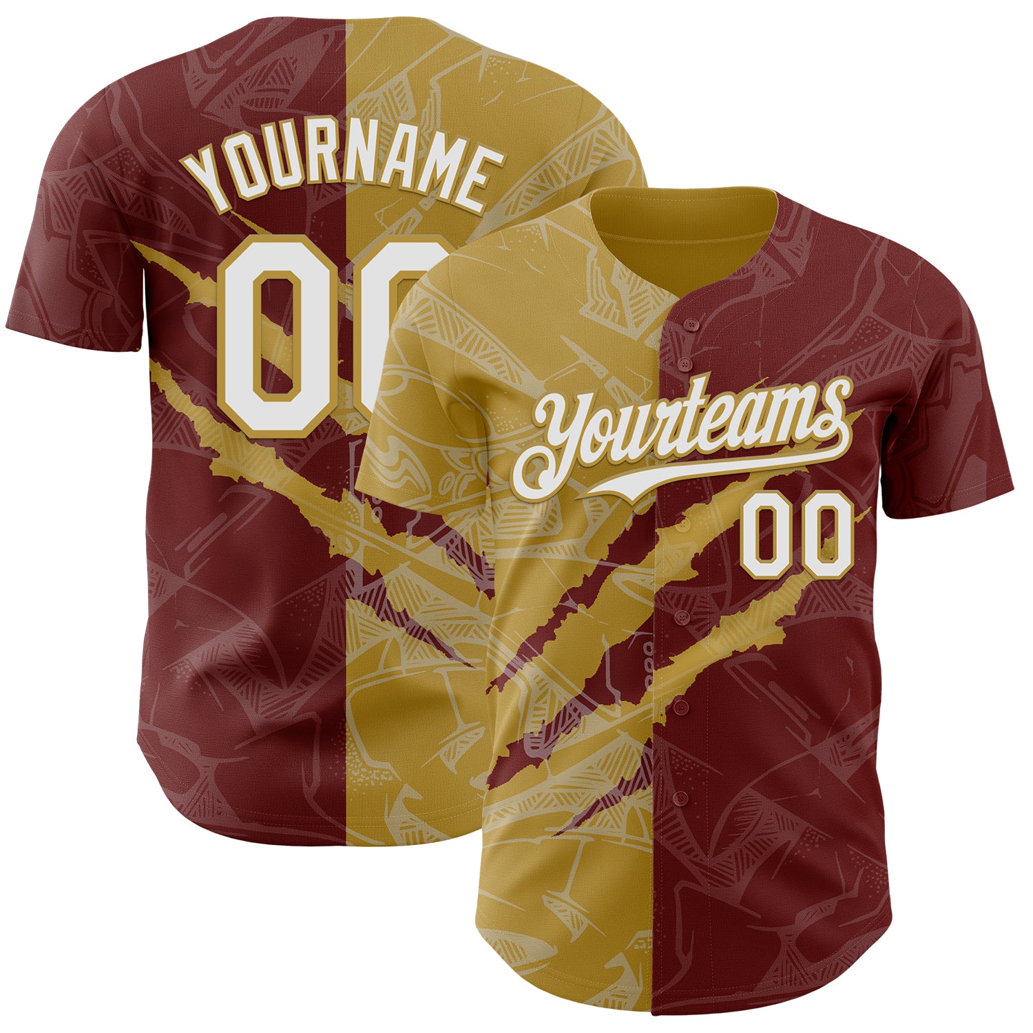 Custom Graffiti Pattern White Burgundy-Old Gold 3D Scratch Authentic Baseball Jersey