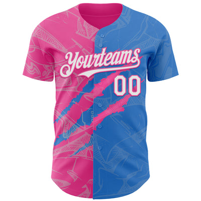 Custom Graffiti Pattern White Electric Blue-Pink 3D Scratch Authentic Baseball Jersey