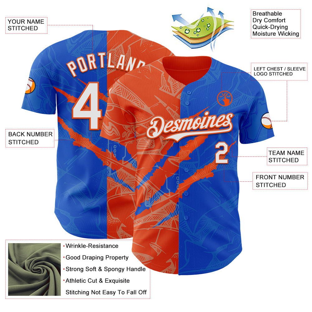 Custom Graffiti Pattern White Thunder Blue-Orange 3D Scratch Authentic Baseball Jersey