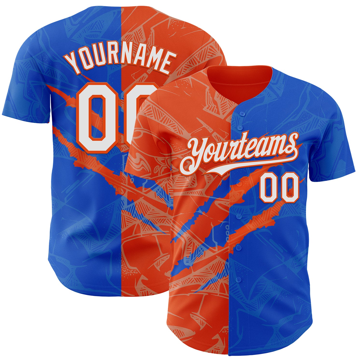 Custom Graffiti Pattern White Thunder Blue-Orange 3D Scratch Authentic Baseball Jersey