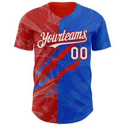 Custom Graffiti Pattern White Thunder Blue-Red 3D Scratch Authentic Baseball Jersey