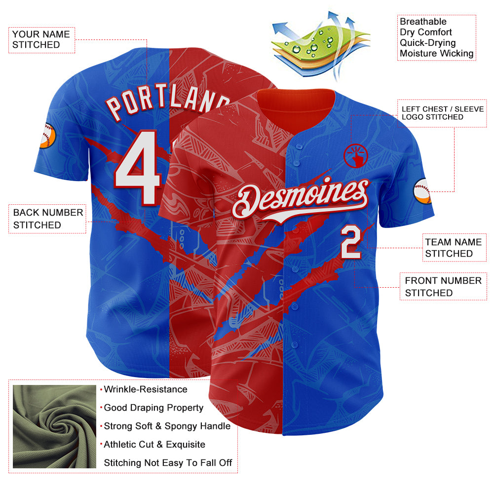 Custom Graffiti Pattern White Thunder Blue-Red 3D Scratch Authentic Baseball Jersey