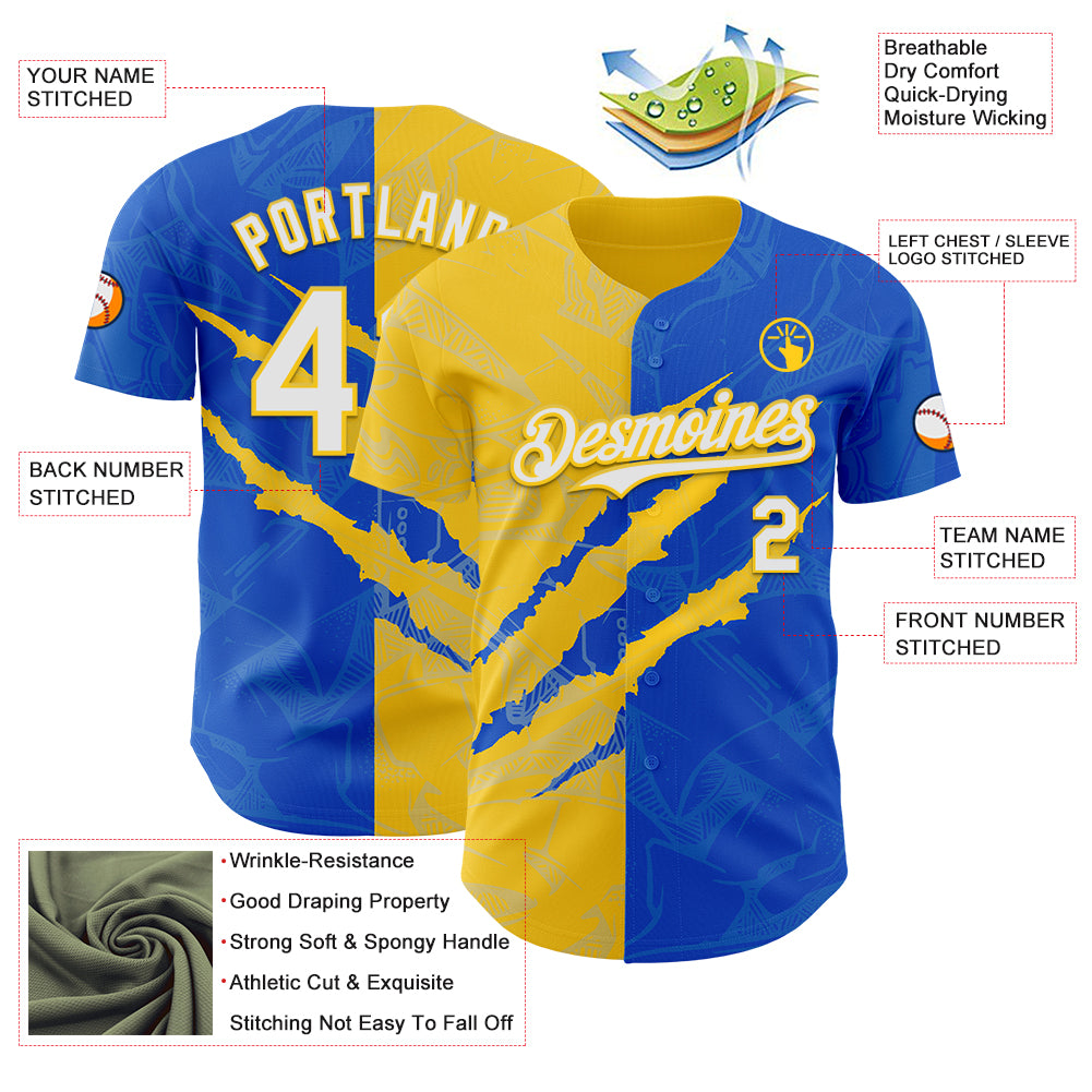 Custom Graffiti Pattern White Thunder Blue-Yellow 3D Scratch Authentic Baseball Jersey