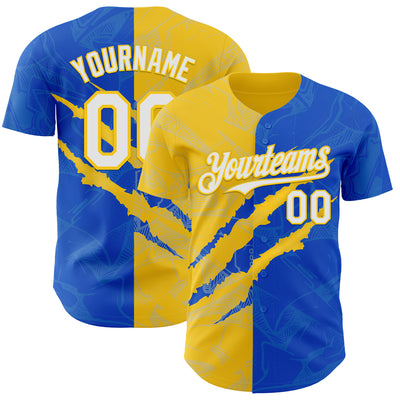 Custom Graffiti Pattern White Thunder Blue-Yellow 3D Scratch Authentic Baseball Jersey