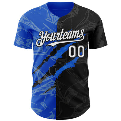Custom Graffiti Pattern White Black-Thunder Blue 3D Scratch Authentic Baseball Jersey