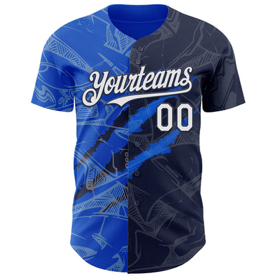 Custom Graffiti Pattern White Navy-Thunder Blue 3D Scratch Authentic Baseball Jersey