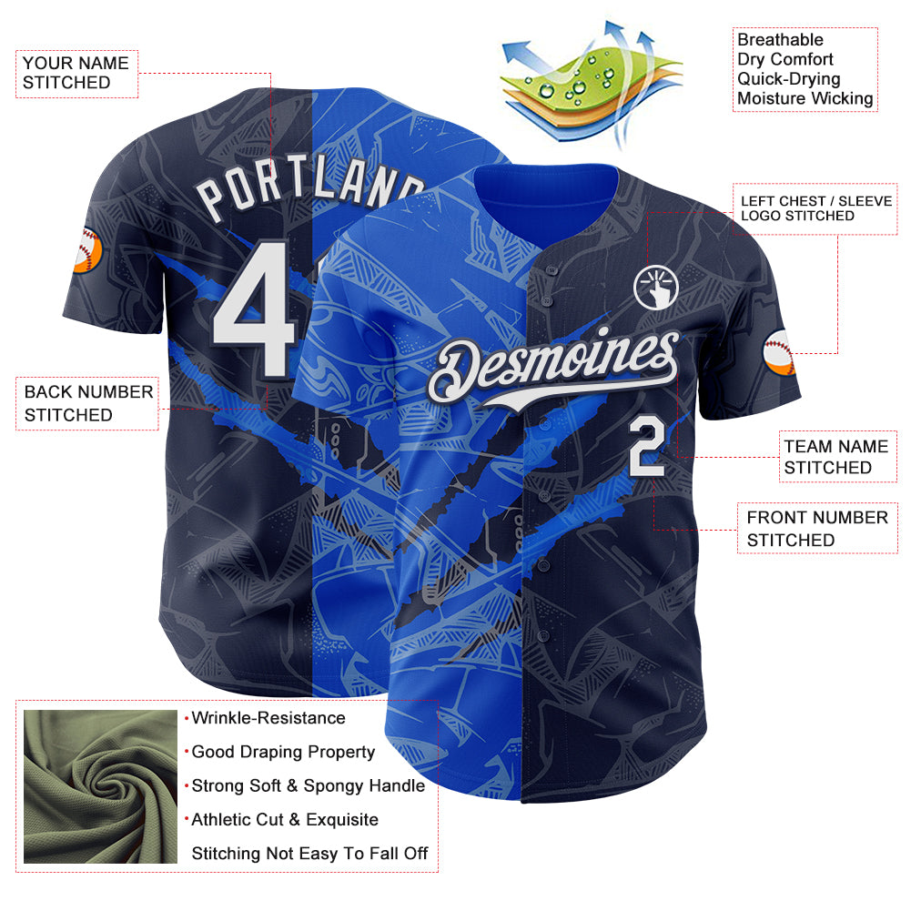 Custom Graffiti Pattern White Navy-Thunder Blue 3D Scratch Authentic Baseball Jersey