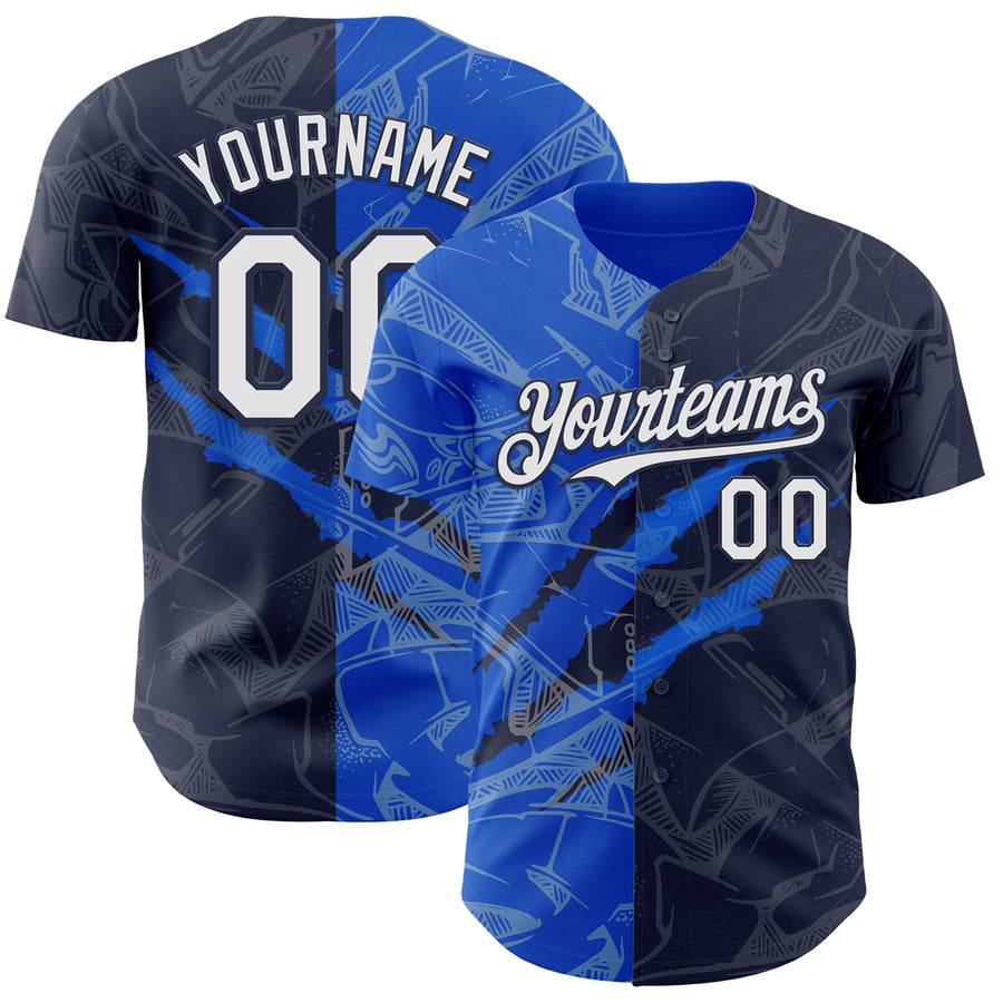 Custom Graffiti Pattern White Navy-Thunder Blue 3D Scratch Authentic Baseball Jersey