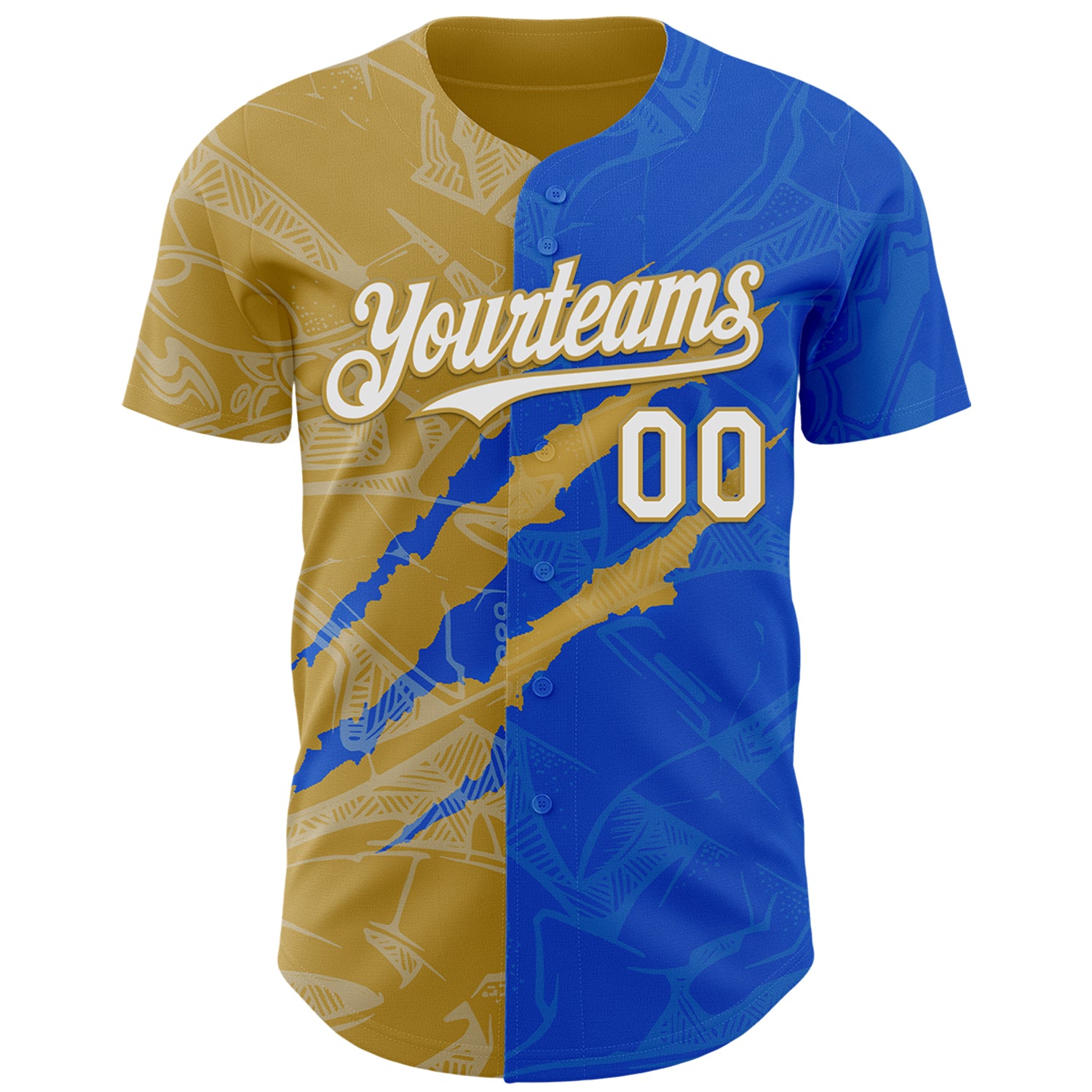 Custom Graffiti Pattern White Thunder Blue-Old Gold 3D Scratch Authentic Baseball Jersey