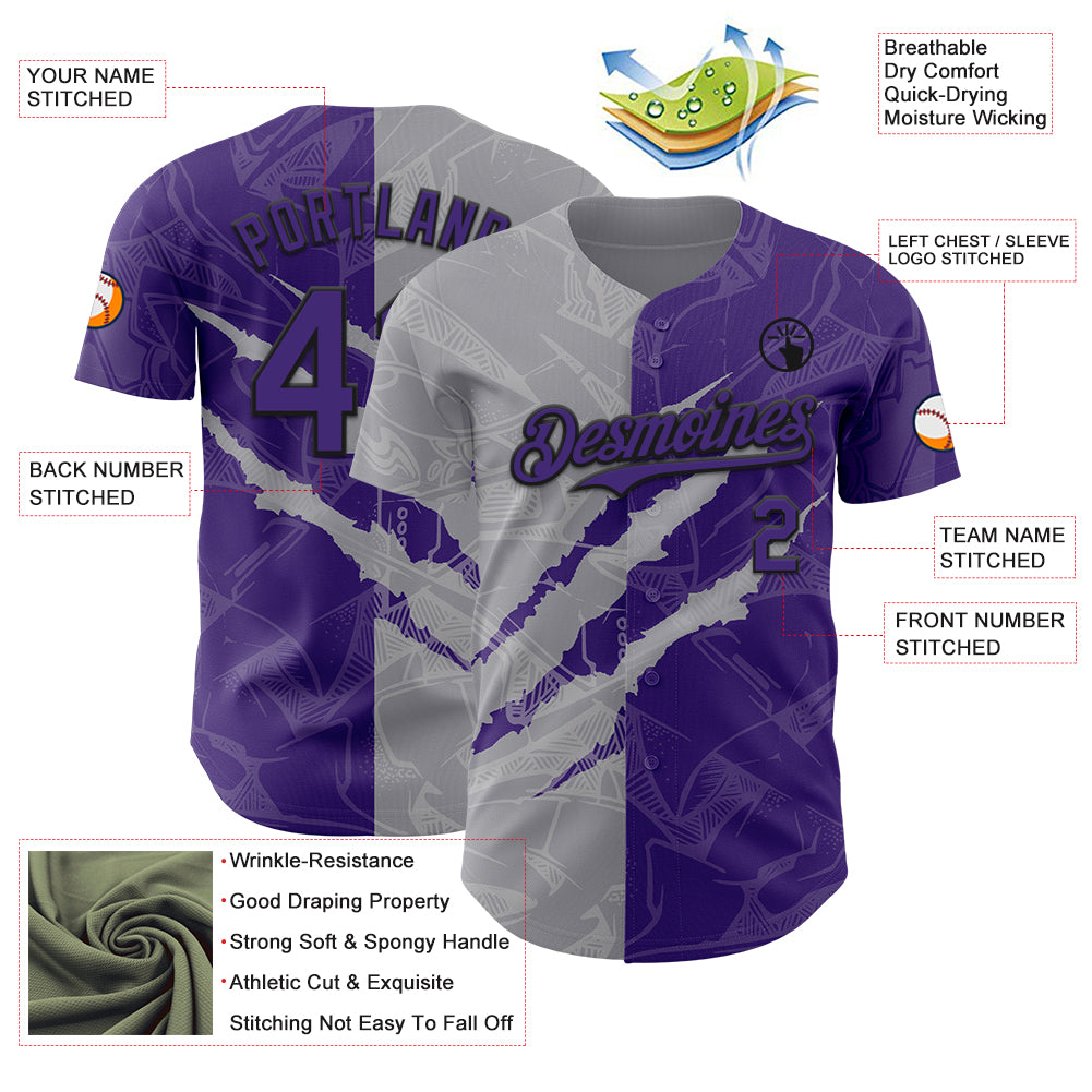 Custom Graffiti Pattern Purple Gray-Black 3D Scratch Authentic Baseball Jersey