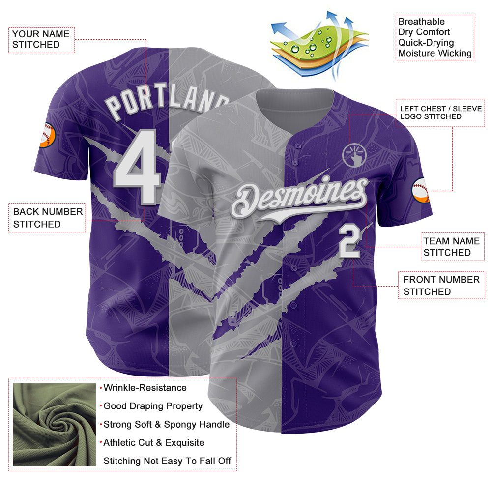 Custom Graffiti Pattern White Purple-Gray 3D Scratch Authentic Baseball Jersey