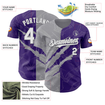 Custom Graffiti Pattern White Purple-Gray 3D Scratch Authentic Baseball Jersey