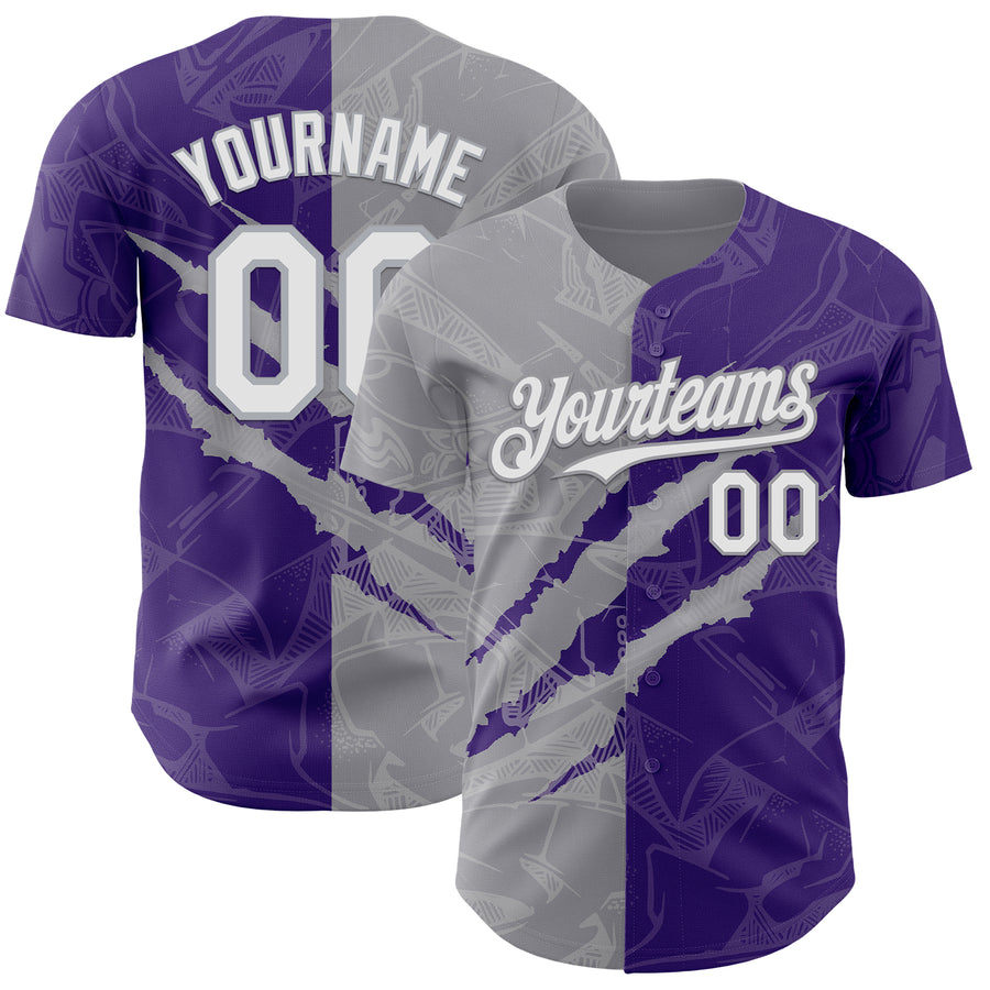 Custom Graffiti Pattern White Purple-Gray 3D Scratch Authentic Baseball Jersey
