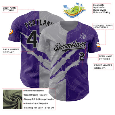 Custom Graffiti Pattern Black Purple-Gray 3D Scratch Authentic Baseball Jersey