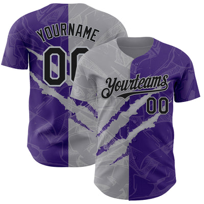 Custom Graffiti Pattern Black Purple-Gray 3D Scratch Authentic Baseball Jersey