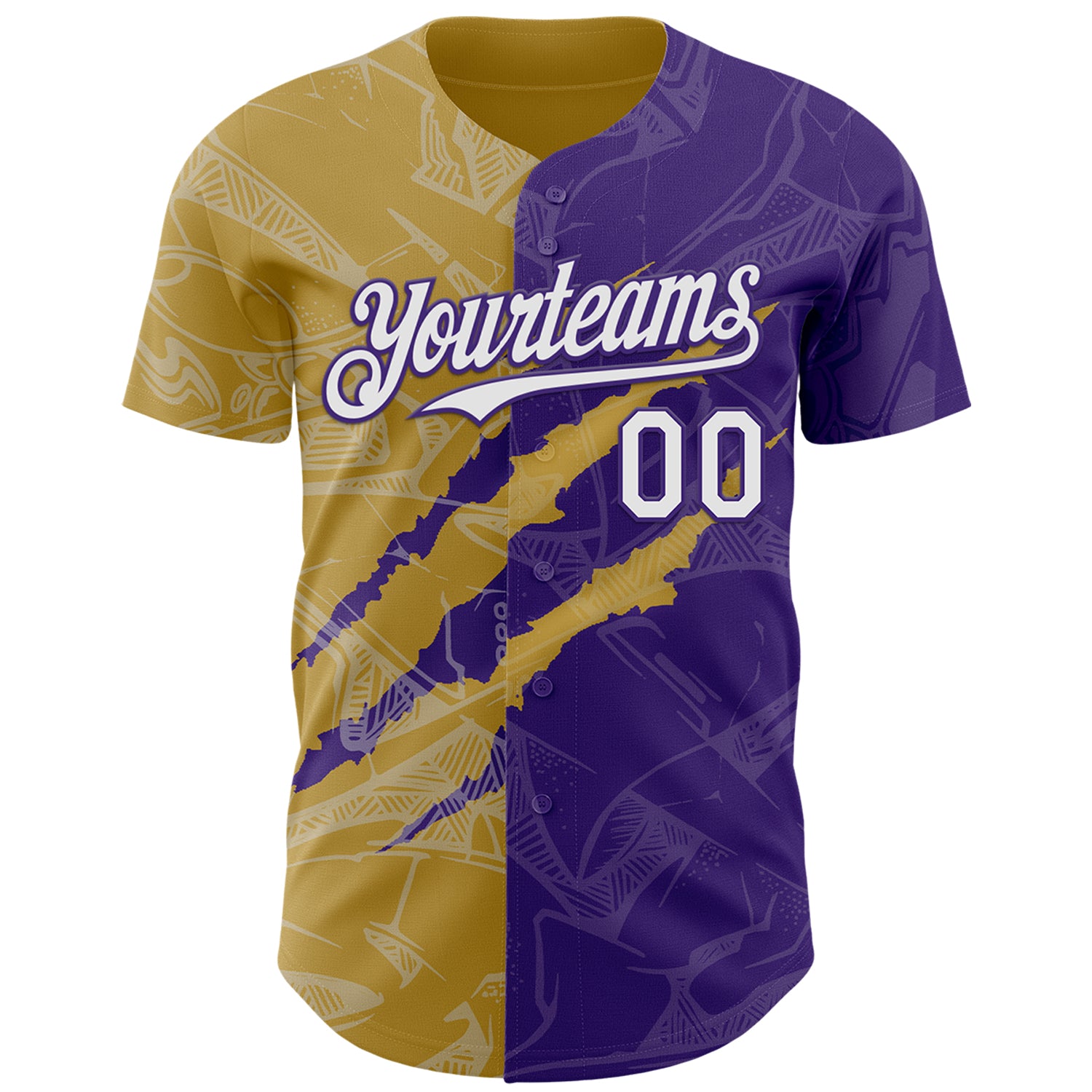 Custom Graffiti Pattern White Purple-Old Gold 3D Scratch Authentic Baseball Jersey