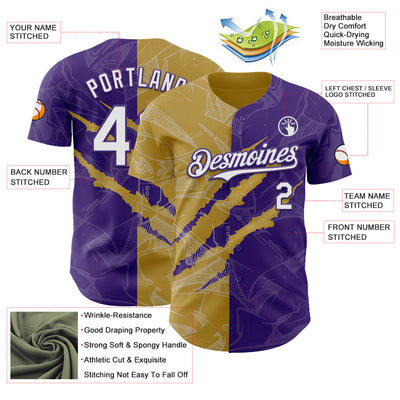 Custom Graffiti Pattern White Purple-Old Gold 3D Scratch Authentic Baseball Jersey