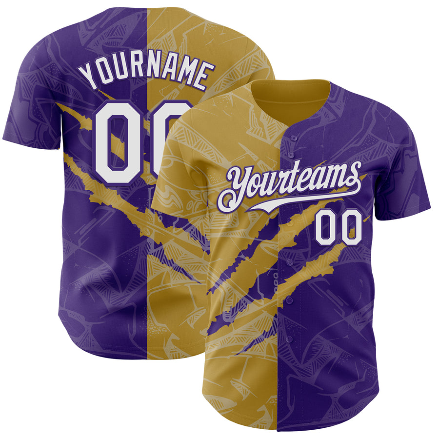 Custom Graffiti Pattern White Purple-Old Gold 3D Scratch Authentic Baseball Jersey