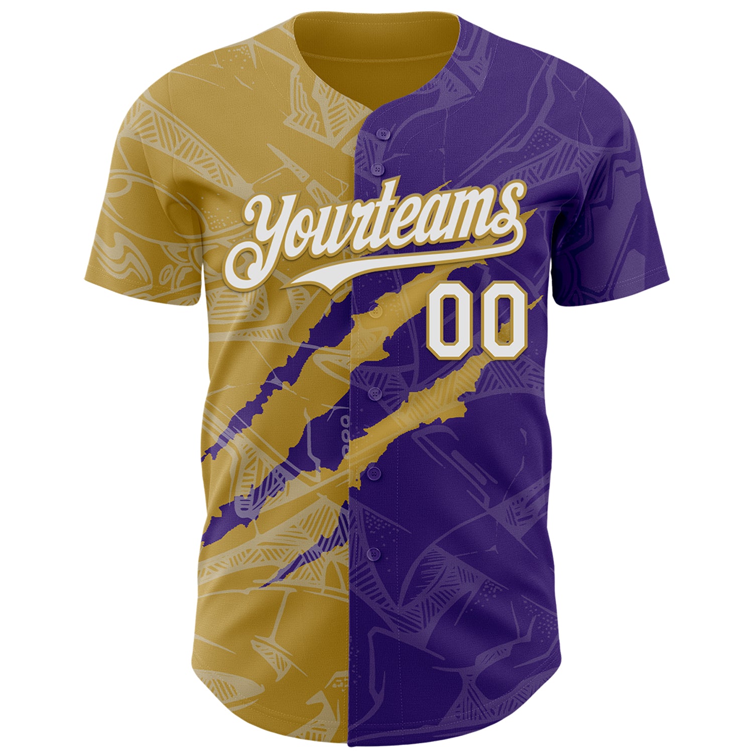 Custom Graffiti Pattern White Purple-Old Gold 3D Scratch Authentic Baseball Jersey