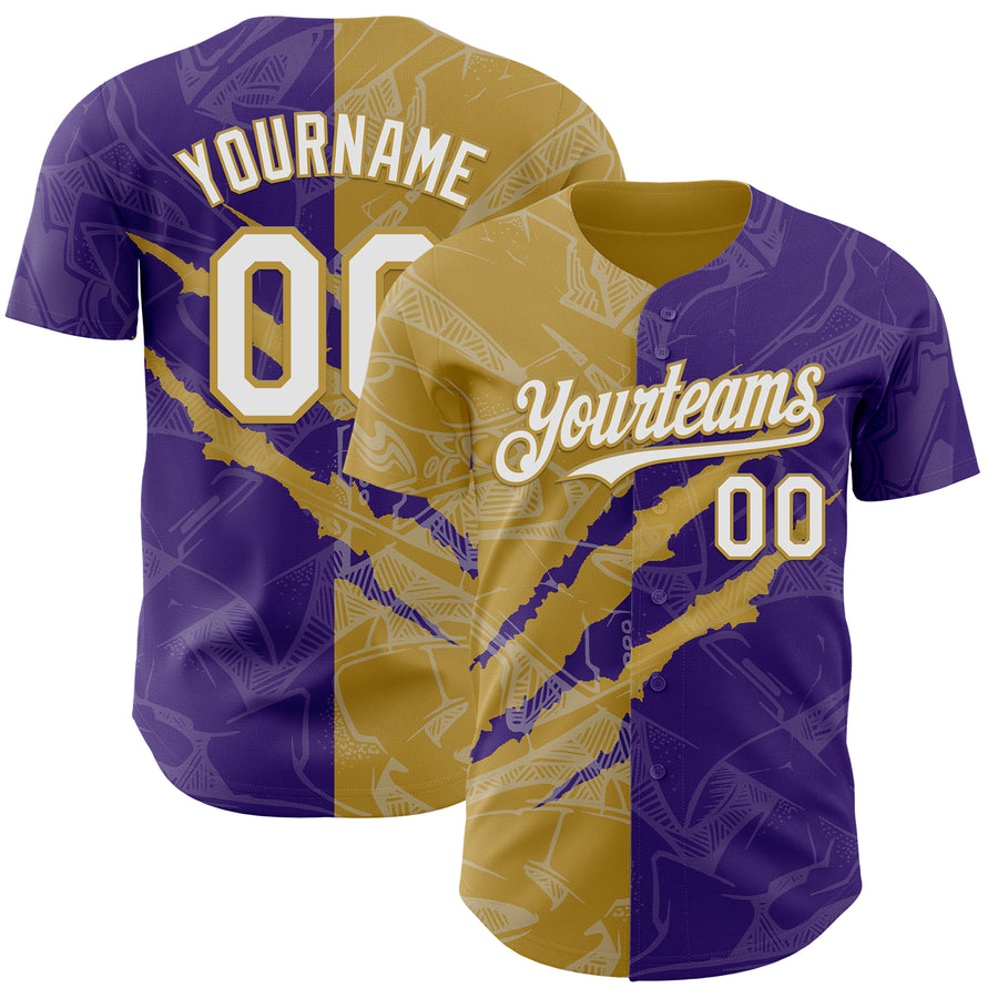 Custom Graffiti Pattern White Purple-Old Gold 3D Scratch Authentic Baseball Jersey