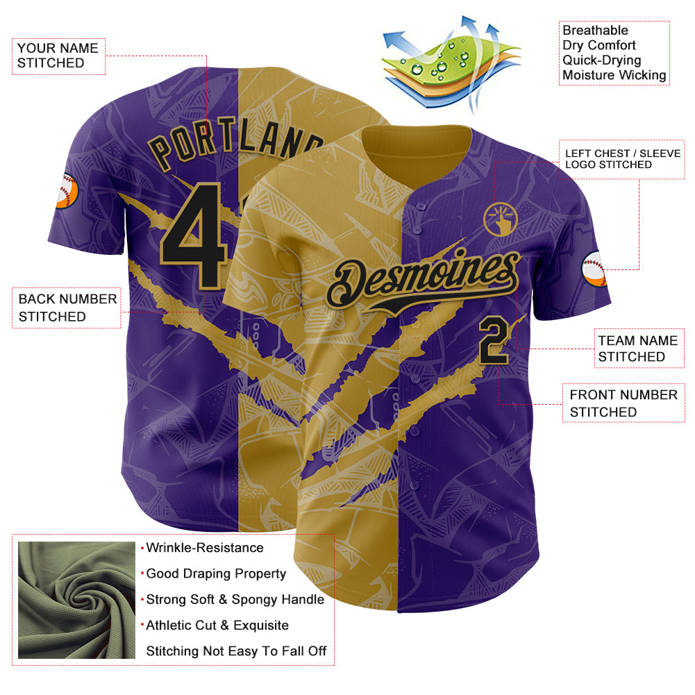 Custom Graffiti Pattern Black Purple-Old Gold 3D Scratch Authentic Baseball Jersey