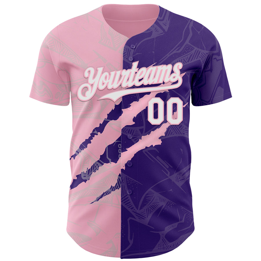 Custom Graffiti Pattern White Purple-Light Pink 3D Scratch Authentic Baseball Jersey