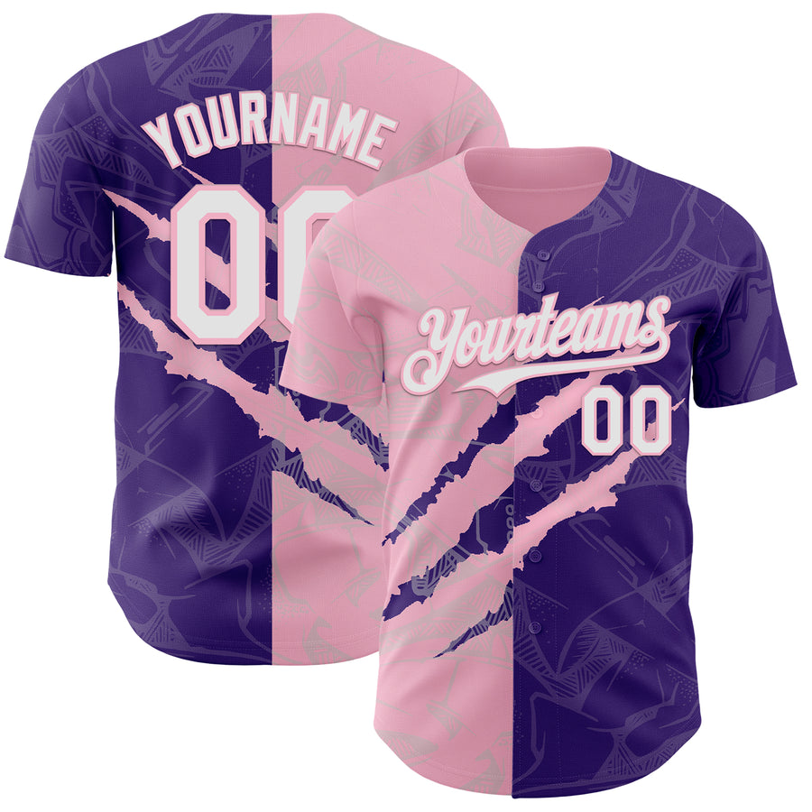 Custom Graffiti Pattern White Purple-Light Pink 3D Scratch Authentic Baseball Jersey