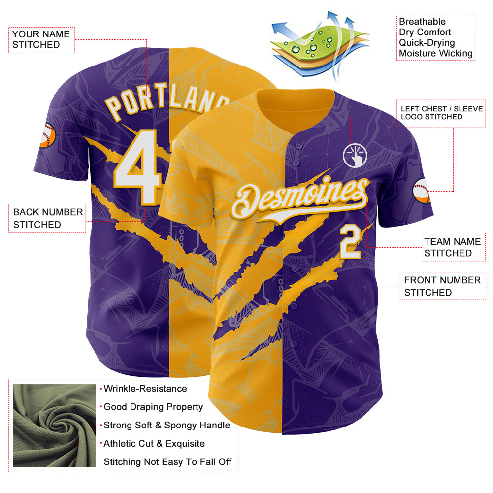 Custom Graffiti Pattern White Purple-Gold 3D Scratch Authentic Baseball Jersey