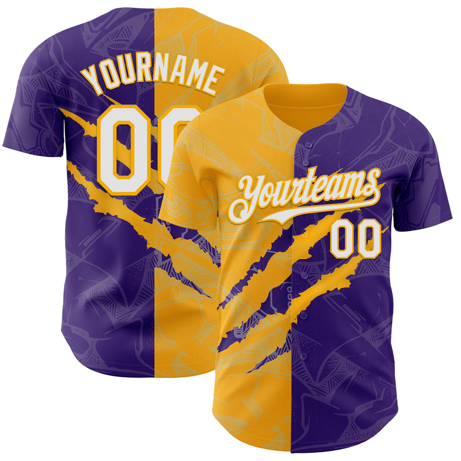 Custom Graffiti Pattern White Purple-Gold 3D Scratch Authentic Baseball Jersey