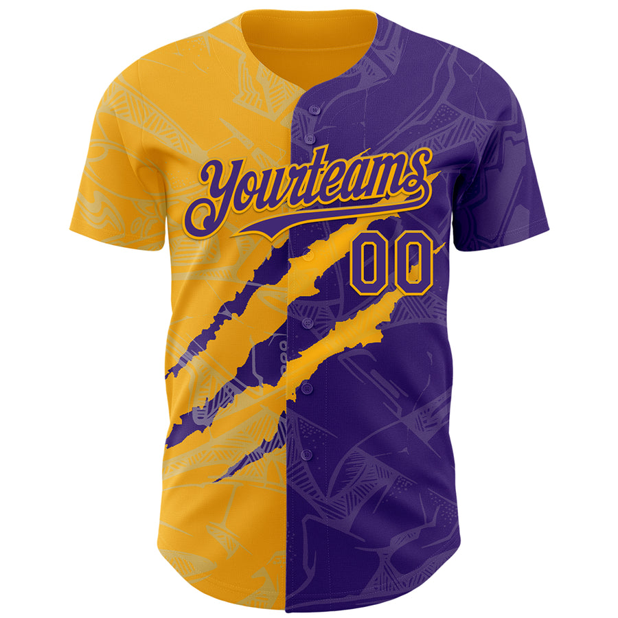 Custom Graffiti Pattern Purple-Gold 3D Scratch Authentic Baseball Jersey