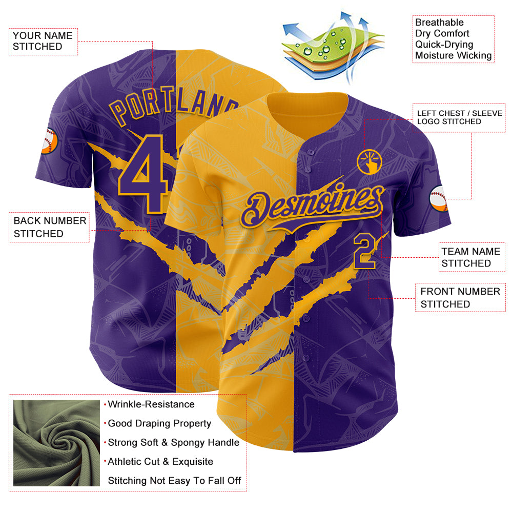 Custom Graffiti Pattern Purple-Gold 3D Scratch Authentic Baseball Jersey