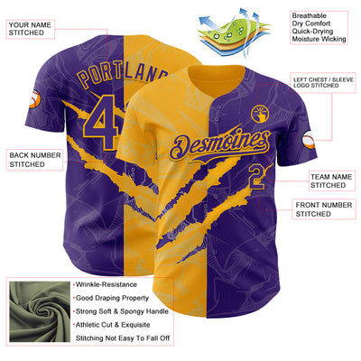 Custom Graffiti Pattern Purple-Gold 3D Scratch Authentic Baseball Jersey