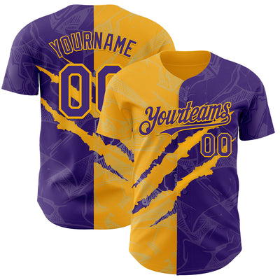 Custom Graffiti Pattern Purple-Gold 3D Scratch Authentic Baseball Jersey
