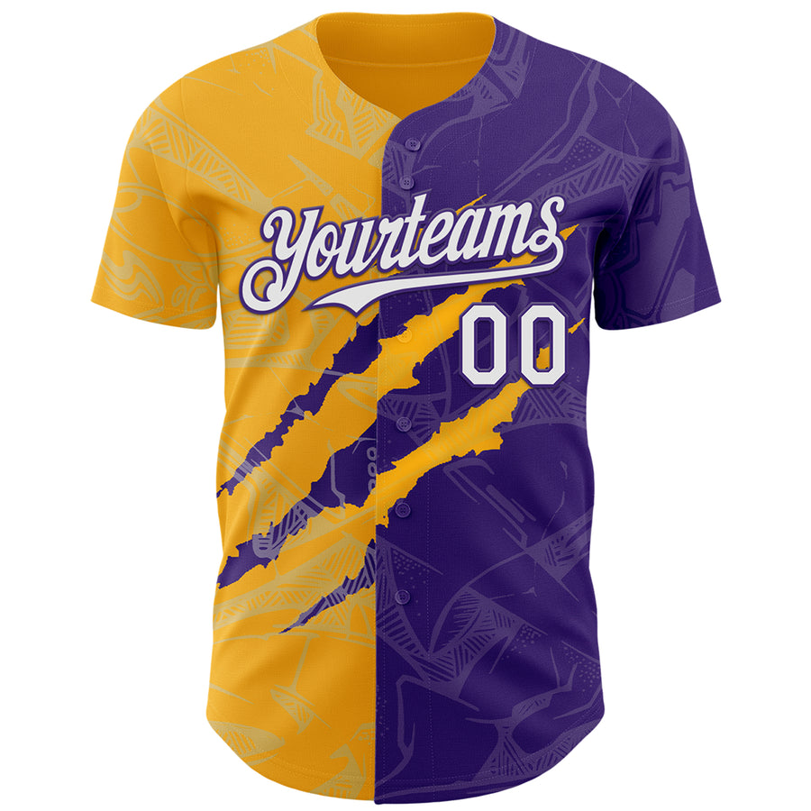 Custom Graffiti Pattern White Purple-Gold 3D Scratch Authentic Baseball Jersey