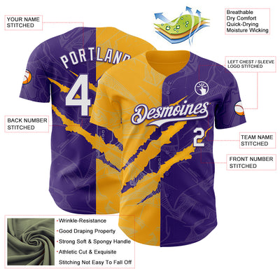 Custom Graffiti Pattern White Purple-Gold 3D Scratch Authentic Baseball Jersey