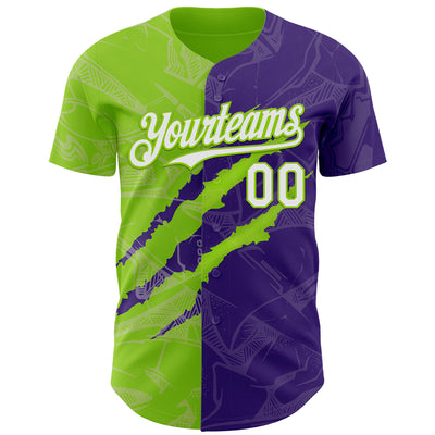 Custom Graffiti Pattern White Purple-Neon Green 3D Scratch Authentic Baseball Jersey
