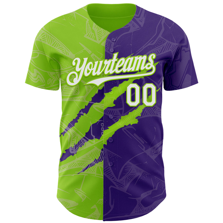 Custom Graffiti Pattern White Purple-Neon Green 3D Scratch Authentic Baseball Jersey