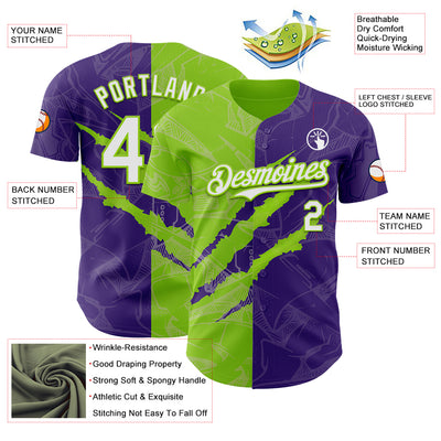 Custom Graffiti Pattern White Purple-Neon Green 3D Scratch Authentic Baseball Jersey
