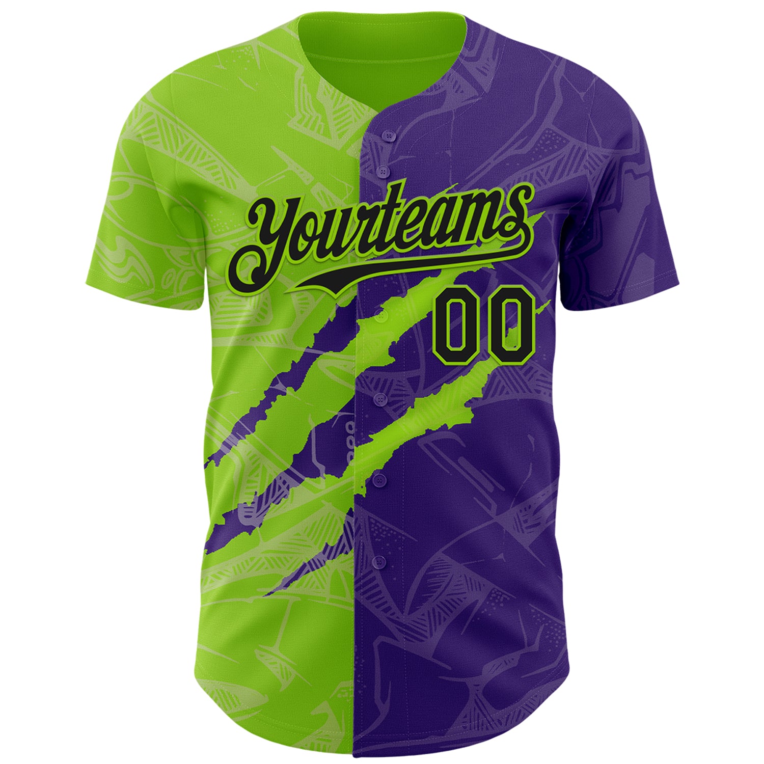 Custom Graffiti Pattern Black Purple-Neon Green 3D Scratch Authentic Baseball Jersey