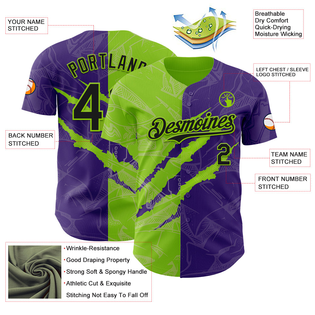 Custom Graffiti Pattern Black Purple-Neon Green 3D Scratch Authentic Baseball Jersey