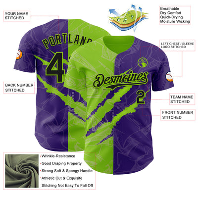 Custom Graffiti Pattern Black Purple-Neon Green 3D Scratch Authentic Baseball Jersey