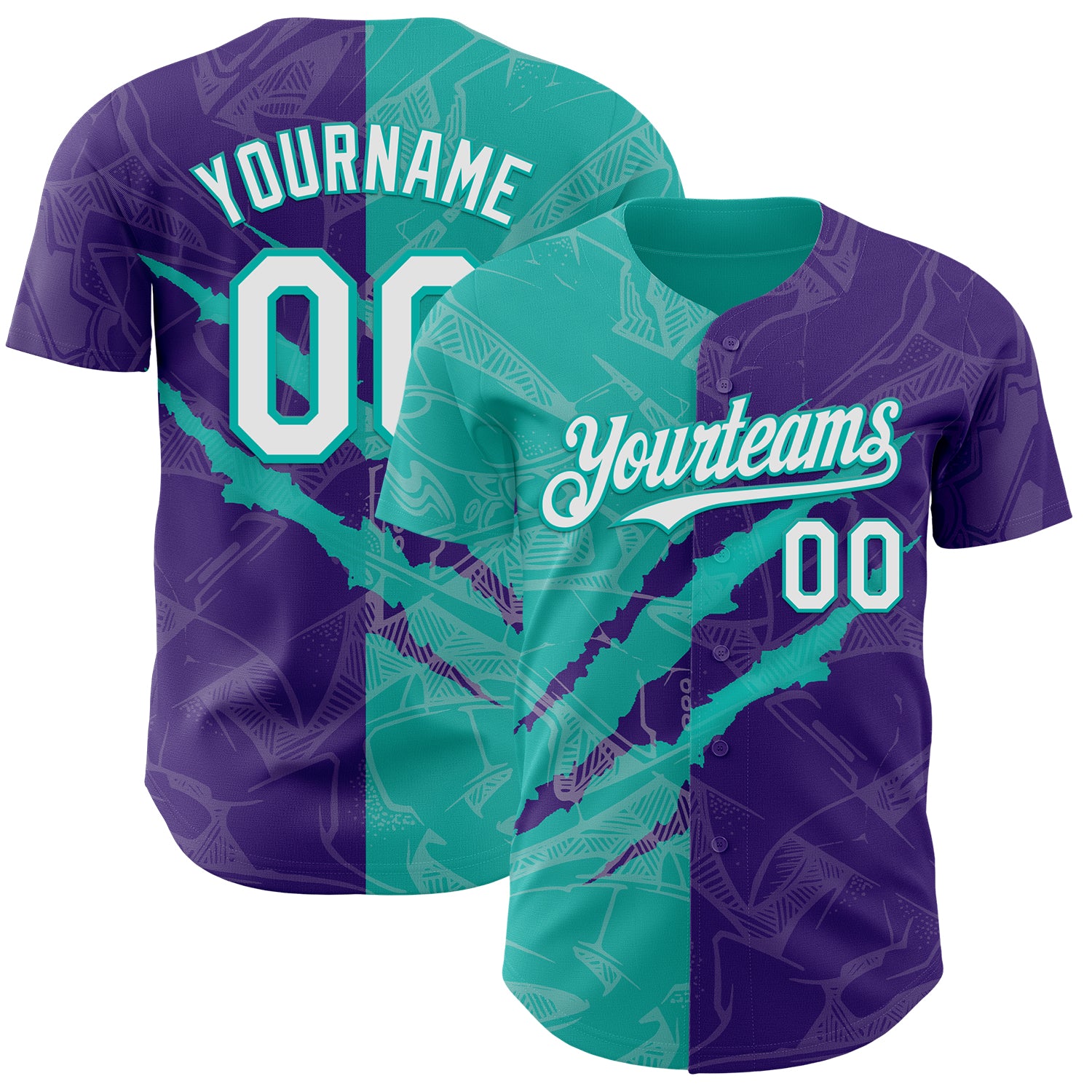 Custom Graffiti Pattern White Purple-Aqua 3D Scratch Authentic Baseball Jersey