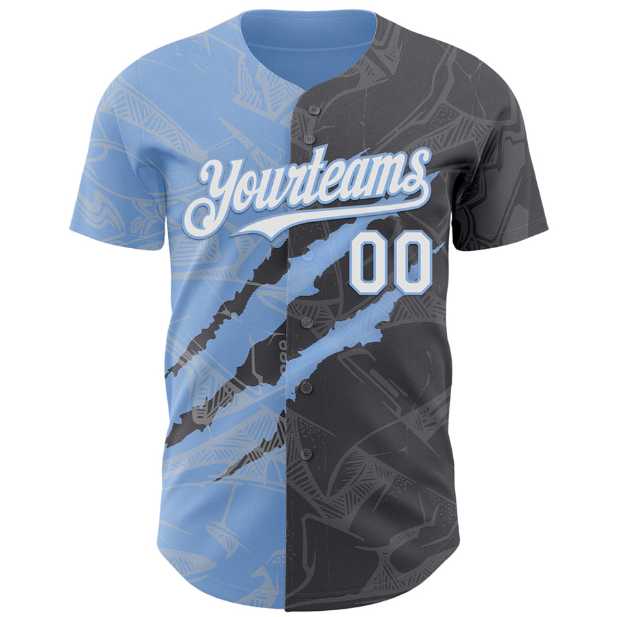 Custom Graffiti Pattern White Steel Gray-Light Blue 3D Scratch Authentic Baseball Jersey