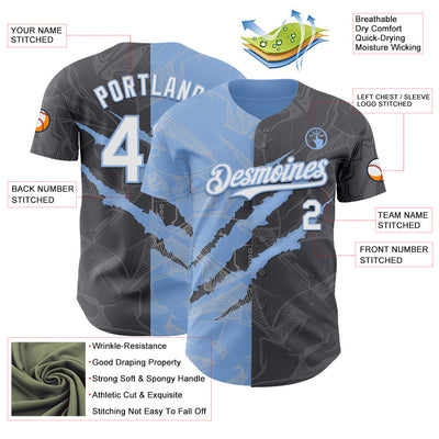 Custom Graffiti Pattern White Steel Gray-Light Blue 3D Scratch Authentic Baseball Jersey